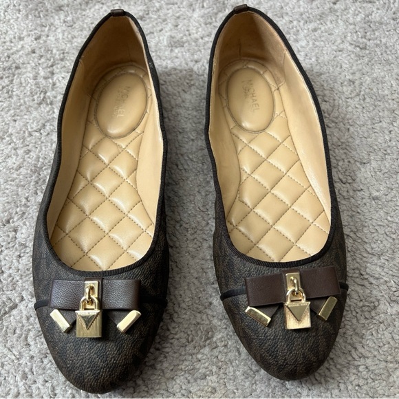 Michael Kors Shoes - Michael Kors Alice Ballet Flats Brown Logo Print w/ Lock Charm & Bow